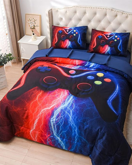 Meeting Story Gamer Gaming Bedding Sets Red-Blue Lightnings Gamepad Comforter Set for Boys Games Console Action Buttons Novelty Colorful Modern Room Decor Home Quilt Set (Red-Blue, Twin 5Pcs) - LeafyLoom
