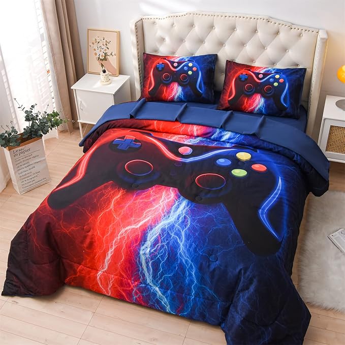 Meeting Story Gamer Gaming Bedding Sets Red-Blue Lightnings Gamepad Comforter Set for Boys Games Console Action Buttons Novelty Colorful Modern Room Decor Home Quilt Set (Red-Blue, Twin 5Pcs) - LeafyLoom