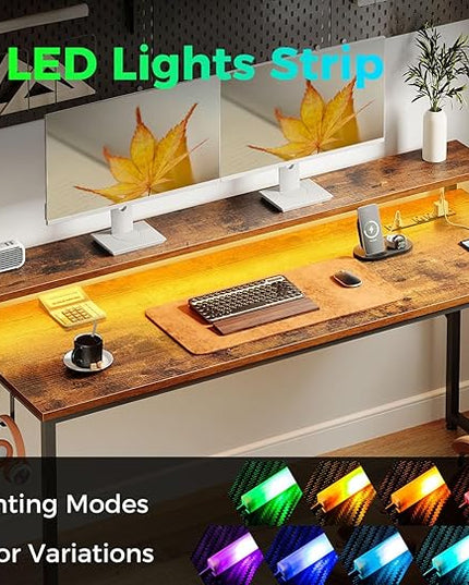 AODK Computer Desk Large Desk with LED Lights and Power Outlet, 63 Inch Office Desk with Adjustable Monitor Shelf (3 Heights), Study Writing Large Desk PC Desk for Home, Rustic Brown - LeafyLoom