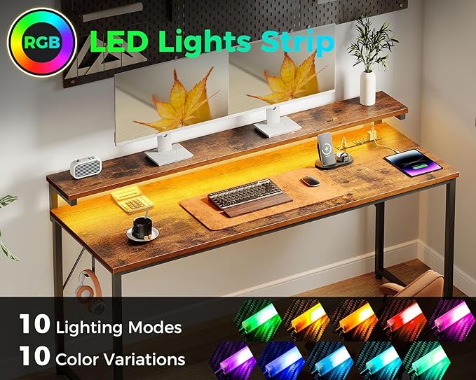 AODK Computer Desk Large Desk with LED Lights and Power Outlet, 63 Inch Office Desk with Adjustable Monitor Shelf (3 Heights), Study Writing Large Desk PC Desk for Home, Rustic Brown - LeafyLoom