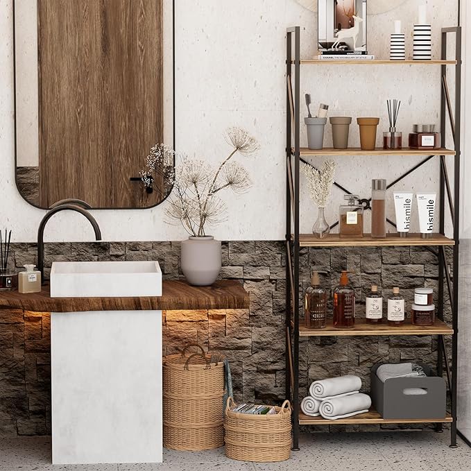 5 Tier Bookshelf Bookcase Wood Tall Bookshelf Open Shelf,Farmhouse Bookshelf Book case, Industrial Bookshelf Storage Organizer for Bedroom,Living Room,Office, Rustic Brown - LeafyLoom