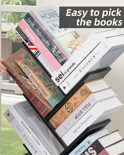 10 Tier Tree Book Shelf, Floor Standing Wood Bookshelf for Narrow Space, Storage Organizer Bookshelves for Books/CDs/Magazine, Bookcase with Shelves for Home Office, Living Room - Black - LeafyLoom