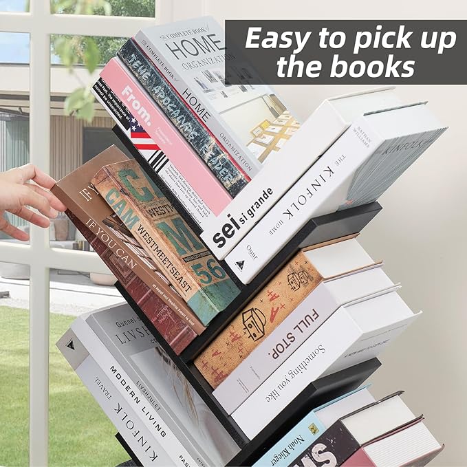 10 Tier Tree Book Shelf, Floor Standing Wood Bookshelf for Narrow Space, Storage Organizer Bookshelves for Books/CDs/Magazine, Bookcase with Shelves for Home Office, Living Room - Black - LeafyLoom
