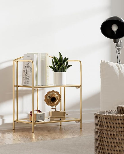 No Assembly Folding Bookshelf, 2 Tier Gold Bookshelf, Metal Book Shelf for Storage, Folding Bookcase for Office Organization and Storage, 12.6" D x 22.44" W x 28.74" H - LeafyLoom