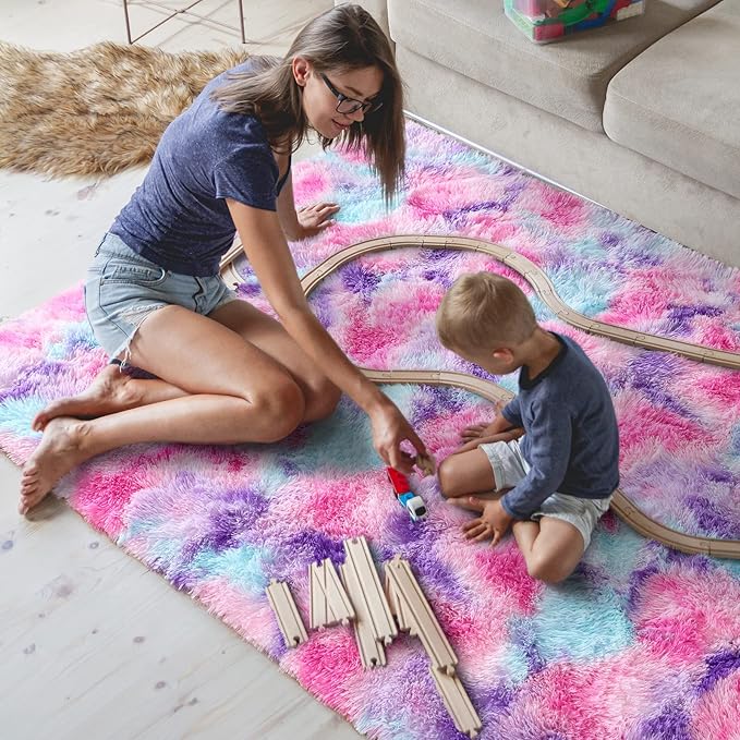 AROGAN Soft Rainbow Area Rugs for Girls Room 6x9 Feet, Fluffy Girls Bedroom Rugs, Princess Rug, Cute Colorful Carpet for Kids Teens Nursery Toddler, Hot Pink - LeafyLoom