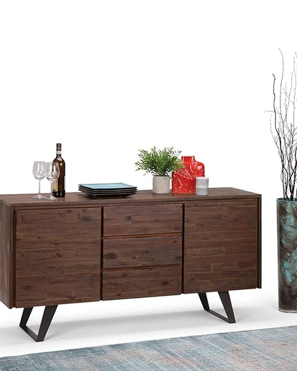SIMPLIHOME Lowry SOLID ACACIA WOOD and Metal 60 Inch Wide Rectangle Modern Industrial Sideboard Buffet in Distressed Charcoal Brown, For the Dining Room and Kitchen - LeafyLoom