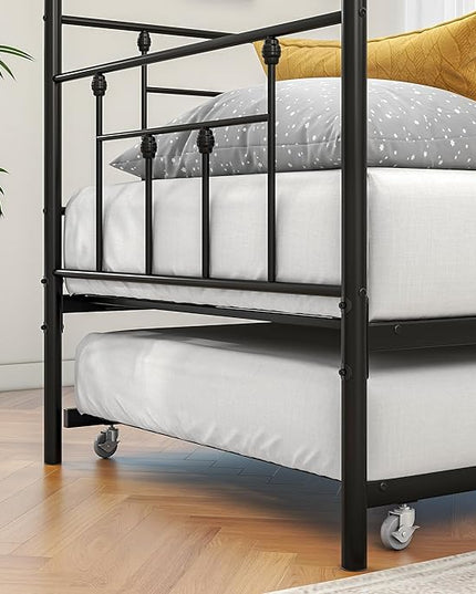 Twin Size Metal Daybed Frame with Trundle,Modern Multifunctional Platform Bed w/Slat Support and Retractable Support Tubes,Easy Assembly,for Guest Room,Bedroom,Living Room,Black - LeafyLoom