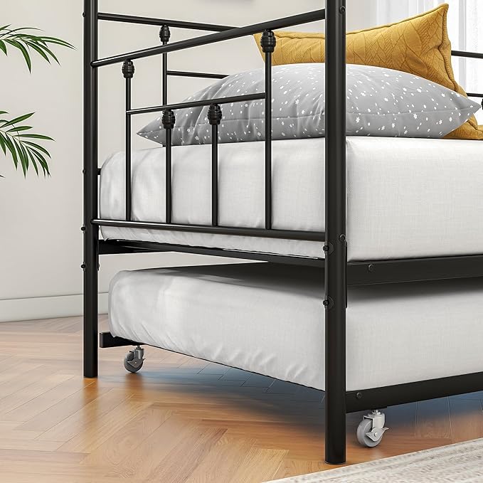 Twin Size Metal Daybed Frame with Trundle,Modern Multifunctional Platform Bed w/Slat Support and Retractable Support Tubes,Easy Assembly,for Guest Room,Bedroom,Living Room,Black - LeafyLoom