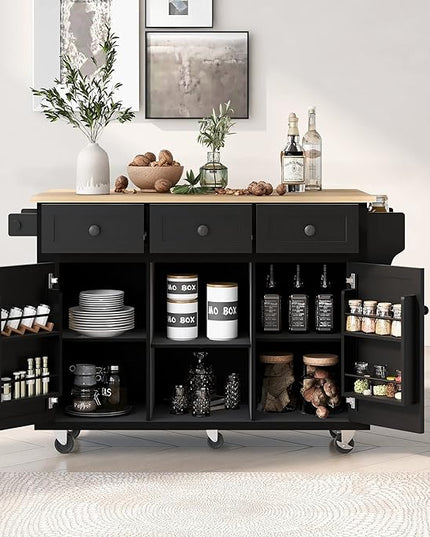 Kitchen Cart with Rubber Wood Drop-Leaf Countertop, Kitchen Island On 5 Wheels with Storage Cabinet, 3 Drawers and Internal Storage Racks, Rolling Mobile Portable Serving Carts (Black) - LeafyLoom
