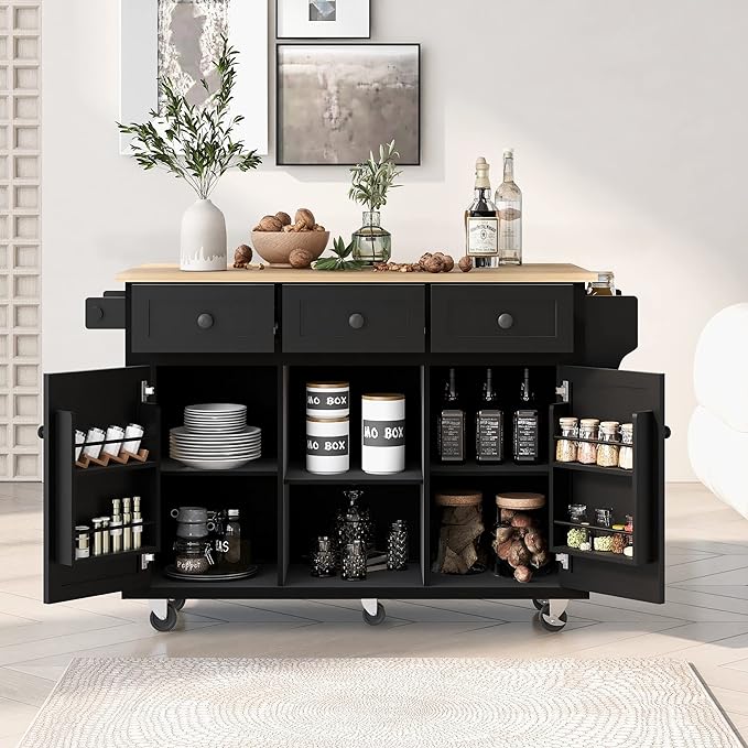 Kitchen Cart with Rubber Wood Drop-Leaf Countertop, Kitchen Island On 5 Wheels with Storage Cabinet, 3 Drawers and Internal Storage Racks, Rolling Mobile Portable Serving Carts (Black) - LeafyLoom