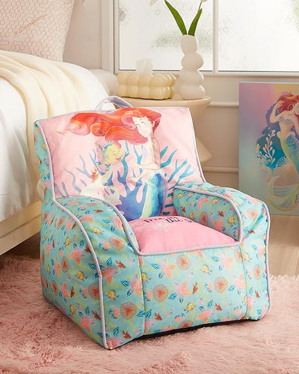 Idea Nuova Disney Little Mermaid Kids and Toddler Canvas Bean Bag Chair with Piping & Top Carry Handle - LeafyLoom