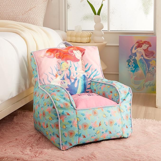 Idea Nuova Disney Little Mermaid Kids and Toddler Canvas Bean Bag Chair with Piping & Top Carry Handle - LeafyLoom