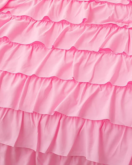 Teen Girls Pink Princess Dress Comforter Set Queen Size, 5 Pcs Bed in a Bag Girls Queen, Girls Pink Ruffled Bedding Set, Teen Bedding Sets for Girls Kids with Sheets - LeafyLoom