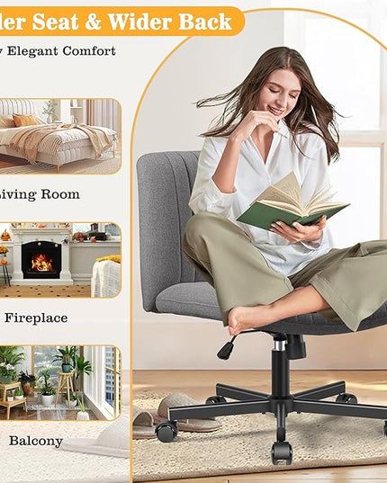 Armless Office Chair with Wheels, Ergonomic Wide Seat Fabric Cross Legged Desk Chair, Swivel Computer Chair for Home Office, Modern Vanity Chair Dark Gray - LeafyLoom