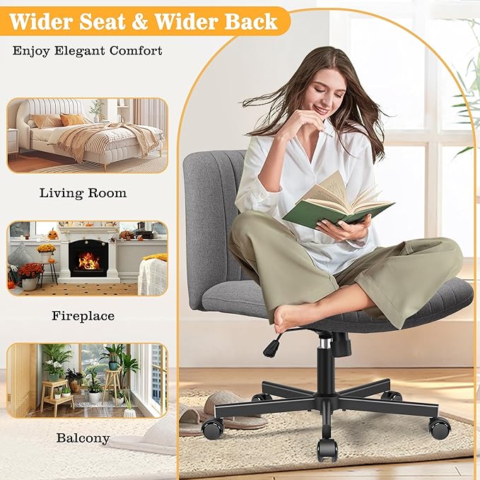 Armless Office Chair with Wheels, Ergonomic Wide Seat Fabric Cross Legged Desk Chair, Swivel Computer Chair for Home Office, Modern Vanity Chair Dark Gray - LeafyLoom