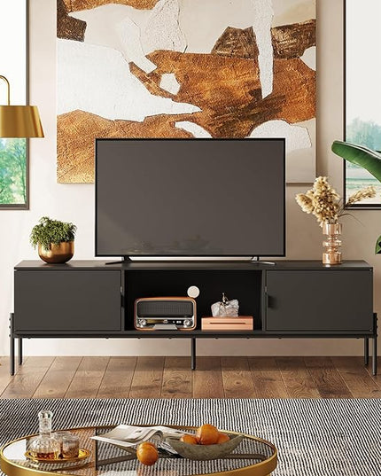 WLIVE Modern TV Stand for 65 Inch TV, Mid Century Entainment Center with Storage, TV Console with Open Shelf and 2 Cabinets for Bedroom and Living Room, TV Cabinet with Metal Legs, Black - LeafyLoom