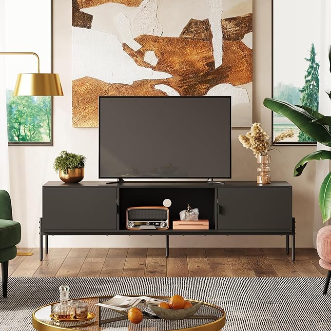 WLIVE Modern TV Stand for 65 Inch TV, Mid Century Entainment Center with Storage, TV Console with Open Shelf and 2 Cabinets for Bedroom and Living Room, TV Cabinet with Metal Legs, Black - LeafyLoom