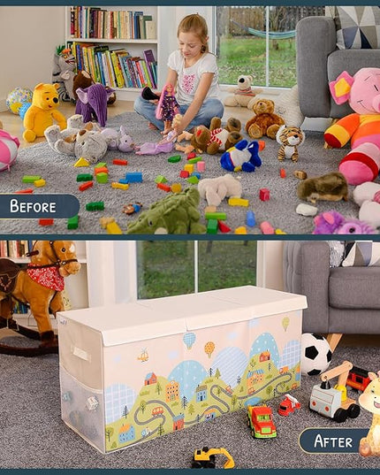 Extra Large Toy Storage Organizer with Lid - Sturdy, Collapsible Toy Chest Storage Box with Cute Design - Toys Bin with Dividers for Kids, Boys, Girls, Nursery, Bedroom, Play room 37"x16"x14" - LeafyLoom