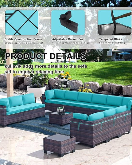 Kullavik 14PCS Outdoor Patio Furniture Set PE Wicker Rattan Sectional Sofa Patio Conversation Sets,Blue - LeafyLoom