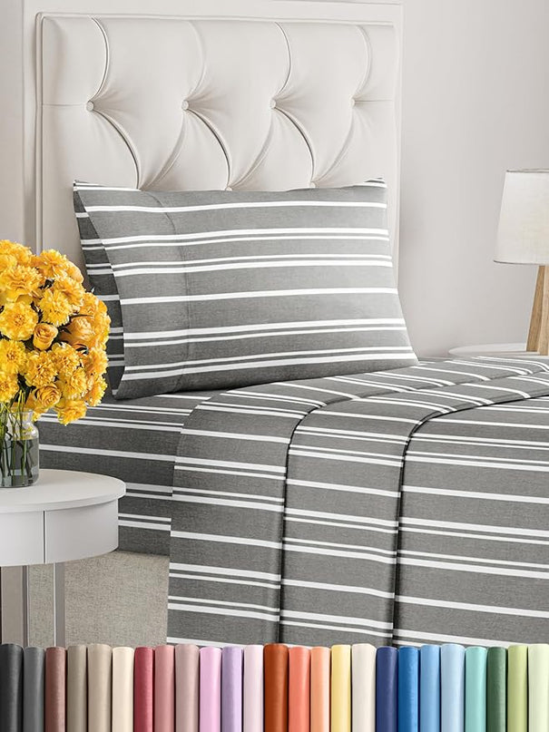 Twin XL Size 3 Piece Sheet Set - Comfy Breathable & Cooling Sheets - Hotel Luxury Bed Sheets for Women & Men - Deep Pockets, Easy-Fit, Soft & Wrinkle Free Sheets - Grey Stripes Oeko-Tex Bed Sheet Set - LeafyLoom