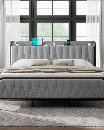 Feonase King Bed Frame with Type-C & USB Port, Metal Platform Beds, with Velvet Upholstered Headboard & Footboard, 12" Underbed Storage Space, Easy Assembly, Noise-Free, Gray - LeafyLoom