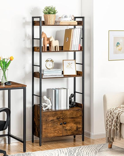 HOOBRO 4-Tier Bookshelf with Doors, Industrial Wooden Bookcase with Storage, Storage Shelf with Protective Rails, for Living Room, Home Office, Rustic Brown and Black BF46SJ01 - LeafyLoom