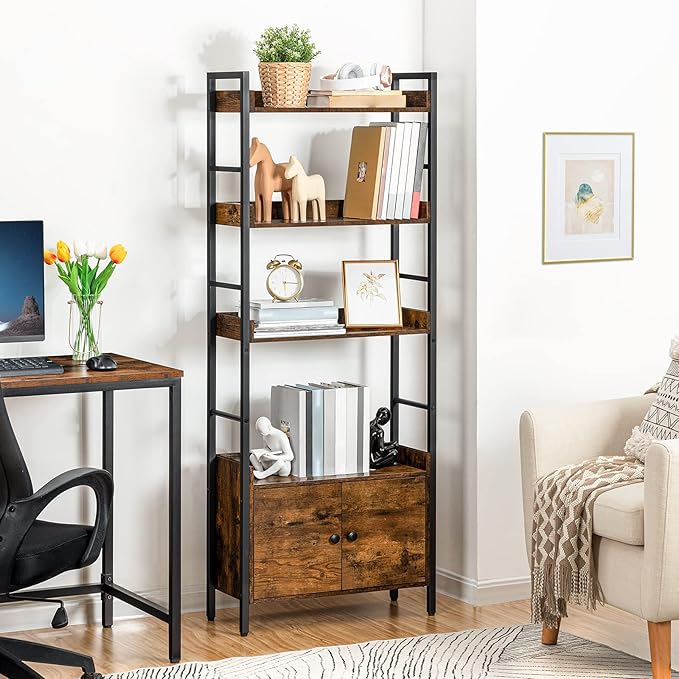 HOOBRO 4-Tier Bookshelf with Doors, Industrial Wooden Bookcase with Storage, Storage Shelf with Protective Rails, for Living Room, Home Office, Rustic Brown and Black BF46SJ01 - LeafyLoom