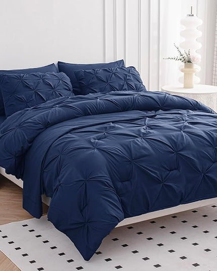 Lane Linen King Size Comforter Set, 7 Piece Bedding King Size, Pintuck King Bed in a Bag Set, Soft King Size Bed Set, Pinch Pleated King Size Comforter Set with Sheets, Pillowcases & Shams - Navy Blue - LeafyLoom