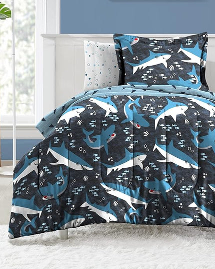 dream FACTORY Kids 5-Piece Complete Set Easy-Wash Super Soft Microfiber Comforter Bedding, Twin, Blue Sharks - LeafyLoom