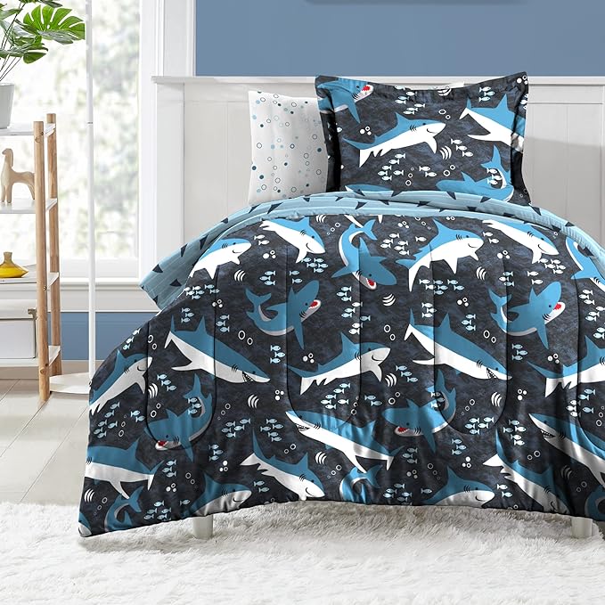 dream FACTORY Kids 5-Piece Complete Set Easy-Wash Super Soft Microfiber Comforter Bedding, Twin, Blue Sharks - LeafyLoom