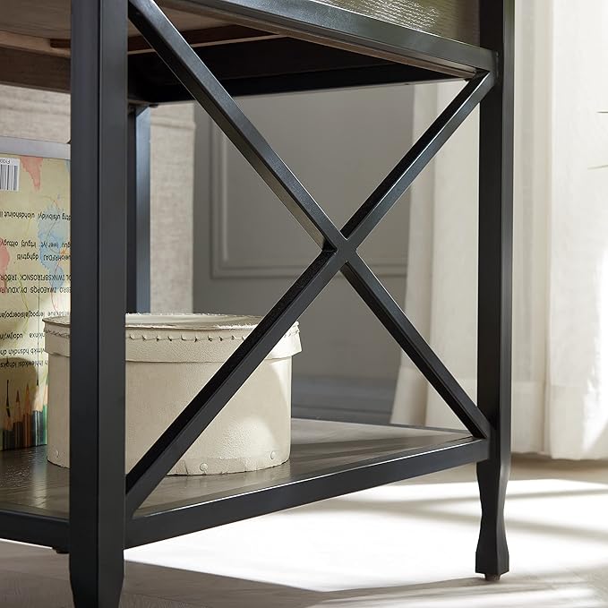 Leick Home 23007 Chisel & Forge One Drawer X Design Mixed Metal and Wood Side Table with Shelf, Smoke Gray and Matte Black, 22 in x 24 in x 24 in - LeafyLoom