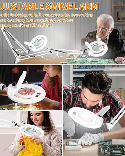 HITTI 10X Long Magnifying Glass with Light and Stand, 2200 Lumens Dimmable Bright Workbench Light, Ajustable Swing Arm LED Lighted Magnifier, Magnifying Lamp with Clamp for Hobby Repair Craft - White - LeafyLoom
