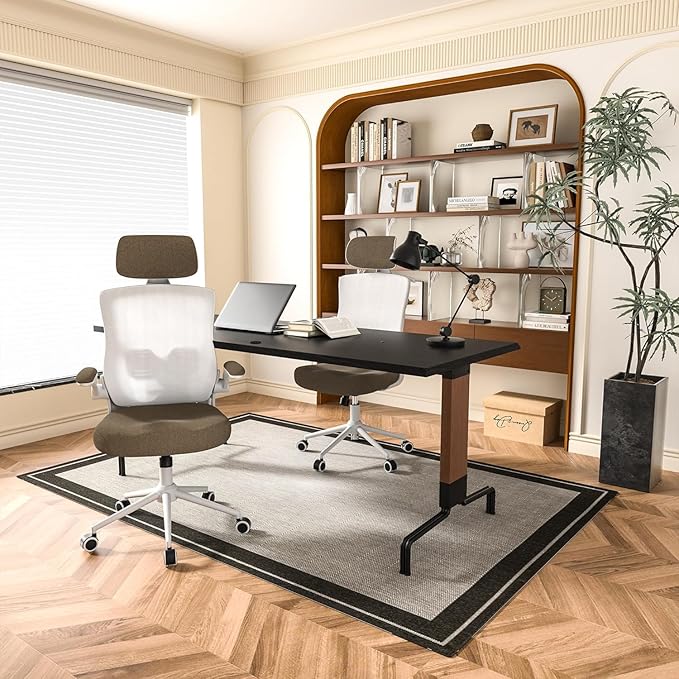 Ergonomic Office Chair, High Back Mesh Desk Chair with Thick Molded Foam Cushion, Coat Hanger, Adjustable Headrest, Lumbar Support, Tilt & Lock Function - Task Computer Chair (Brown) - LeafyLoom