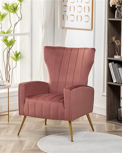 Armchair Modern Velvet Accent Chair, Channel Tufted Bedroom, Office or Living Room Furniture with Elegant Metal Legs, Rose - LeafyLoom