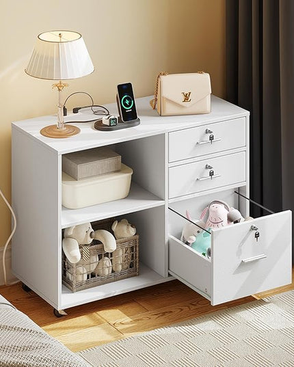 YITAHOME File Cabinet with Lock, 3 Drawer Filing Cabinet with Charging Station, Printer Stand with Storage, Office Pedestal Files for Hanging Files Letter/Legal/A4, White - LeafyLoom