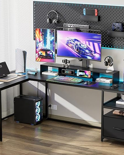 L Shaped Desk - 87" L Shaped Gaming Desk with Power Outlet & Monitor Shelf, Home Office Corner Computer Desk with Printer Shelf & File Drawer, Black - LeafyLoom