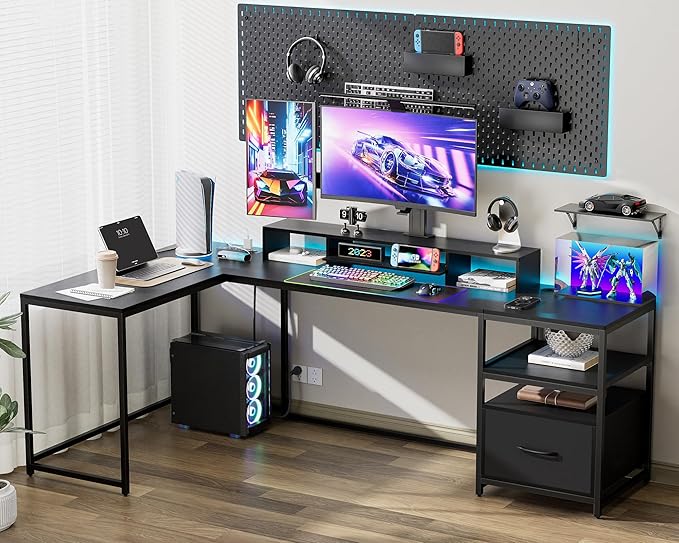 L Shaped Desk - 87" L Shaped Gaming Desk with Power Outlet & Monitor Shelf, Home Office Corner Computer Desk with Printer Shelf & File Drawer, Black - LeafyLoom