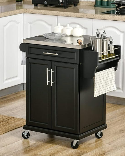 HOMCOM Kitchen Island on Wheels, Rolling Kitchen Cart with Stainless Steel Countertop, Drawer, Towel Rack and Spice Rack, Utility Storage Trolley, Black - LeafyLoom