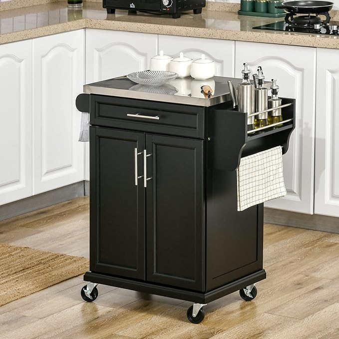 HOMCOM Kitchen Island on Wheels, Rolling Kitchen Cart with Stainless Steel Countertop, Drawer, Towel Rack and Spice Rack, Utility Storage Trolley, Black - LeafyLoom