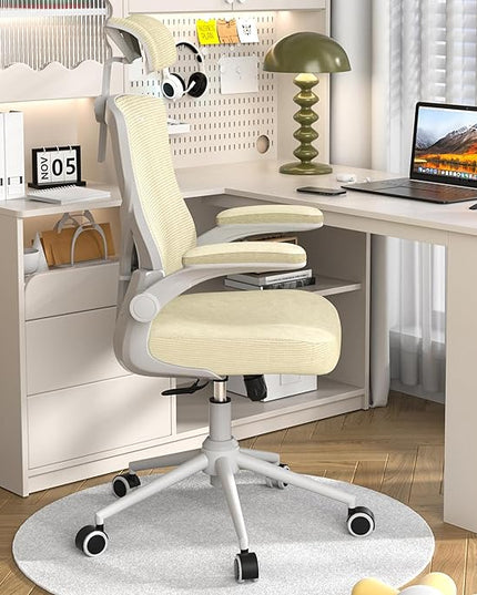 𝑯𝑶𝑴𝑬 𝑶𝑭𝑭𝑰𝑪𝑬 𝑪𝑯𝑨𝑰𝑹, Ergonomic Mesh Desk Chair, High Back Computer Chair- Adjustable Headrest with Flip-Up Arms, Lumbar Support, Swivel Executive Task Chair (Modern, Beige) - LeafyLoom