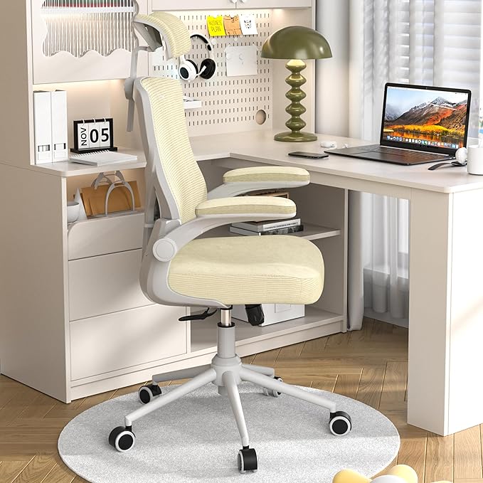 𝑯𝑶𝑴𝑬 𝑶𝑭𝑭𝑰𝑪𝑬 𝑪𝑯𝑨𝑰𝑹, Ergonomic Mesh Desk Chair, High Back Computer Chair- Adjustable Headrest with Flip-Up Arms, Lumbar Support, Swivel Executive Task Chair (Modern, Beige) - LeafyLoom