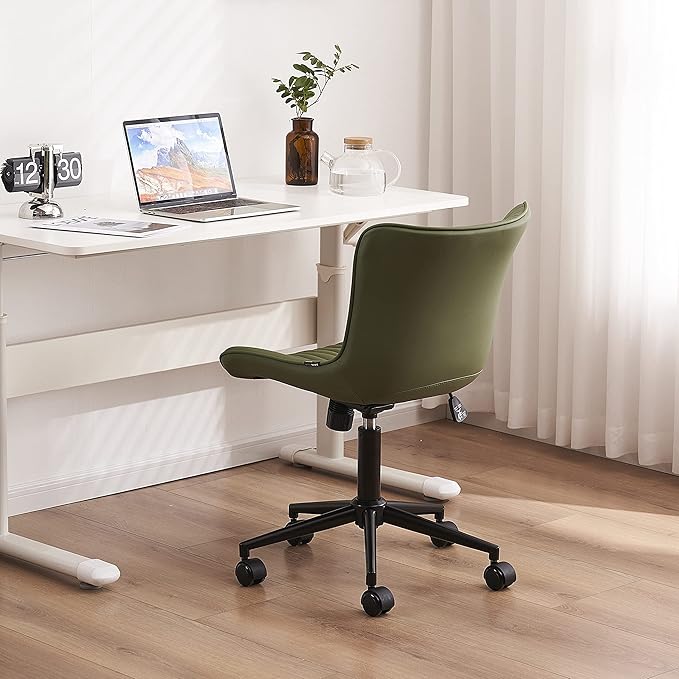 YOUTASTE Office Chair Armless Desk Chair Small Computer Swivel Rolling Chair with Wheels, Modern Upholstered PU Leather Computer Task Chair, Adjustable Home Office Desk Chairs, Olive Green - LeafyLoom