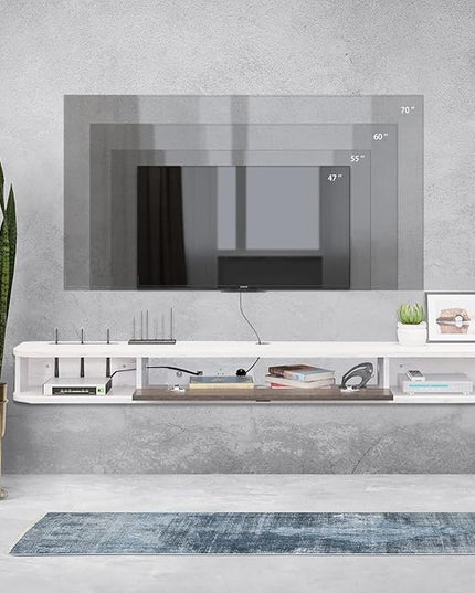 Pmnianhua Floating TV Console,55'' Wall-Mounted Media Console,Floating TV Cabinet,Modern Floating TV Stand,Under TV Entertainment Shelf with Door and Storage for Bedroom Living Room (Grey-White) - LeafyLoom