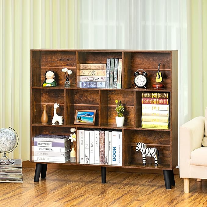 LEYAOYAO 10 Cube Bookshelf,3 Tier Modern Wide Bookcase with Legs,Mid-Century Wood Bookshelves Storage，Brown Large Book Case,Freestanding Organizer Display Shelf for Bedroom,Living Room,Office - LeafyLoom