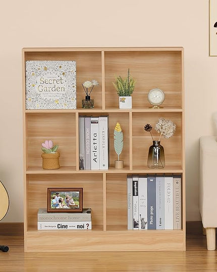 LEYAOYAO 7 Cube Bookshelf with Base,3 Tier Mid-Century Modern Natural Bookcase,Standing Wide Bookshelves Storage Organizer Shelf,Rustic Wood Display Cabinet Book Shelves for Bedroom,Living Room,Office - LeafyLoom
