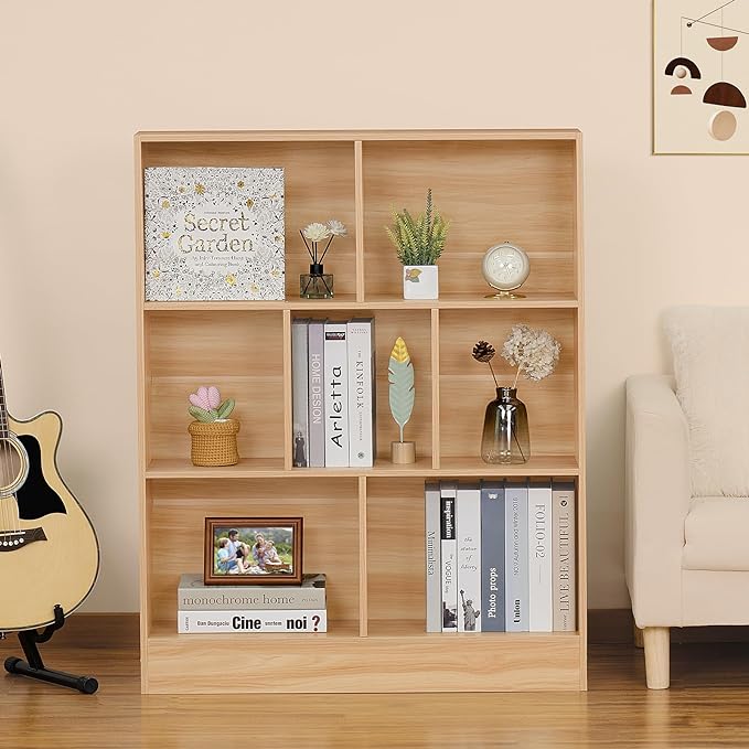 LEYAOYAO 7 Cube Bookshelf with Base,3 Tier Mid-Century Modern Natural Bookcase,Standing Wide Bookshelves Storage Organizer Shelf,Rustic Wood Display Cabinet Book Shelves for Bedroom,Living Room,Office - LeafyLoom