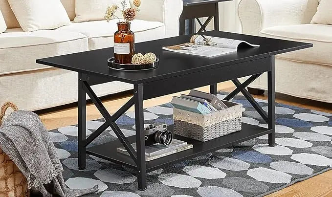 GreenForest Coffee Table with Storage, 39inch Modern Coffee Tables for Living Room, X-Frame Design Farmhouse Black Coffee Table Space Saving Living Room Tables, Easy Assembly, Black - LeafyLoom
