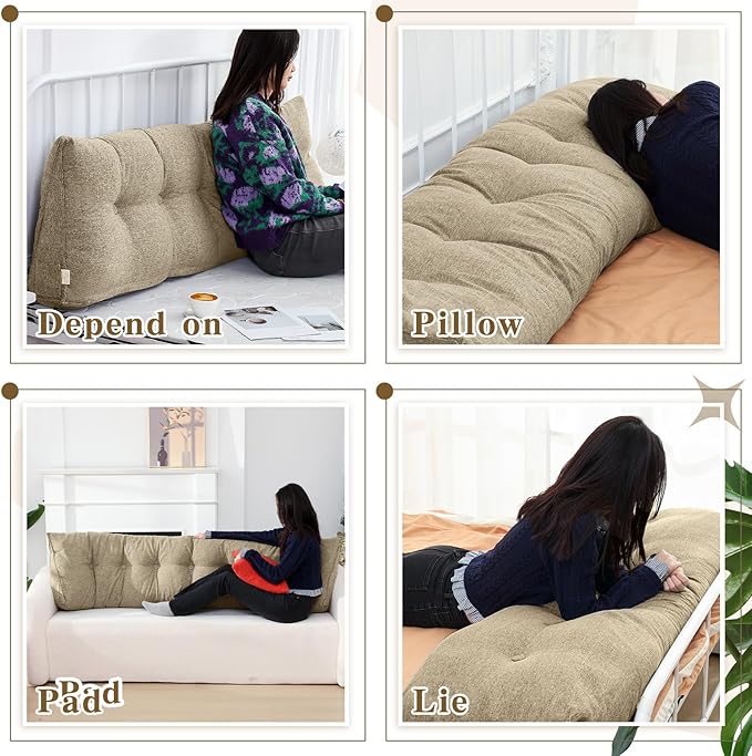 Headboard Wedge Pillow Triangular Bed Rest Reading Backrest Body Bolster Cushion Back Support Long Bolster Pillow for Bed Gifts with Removable Cover (Khaki Gray,King (79 x 20 x 8 Inch)) - LeafyLoom