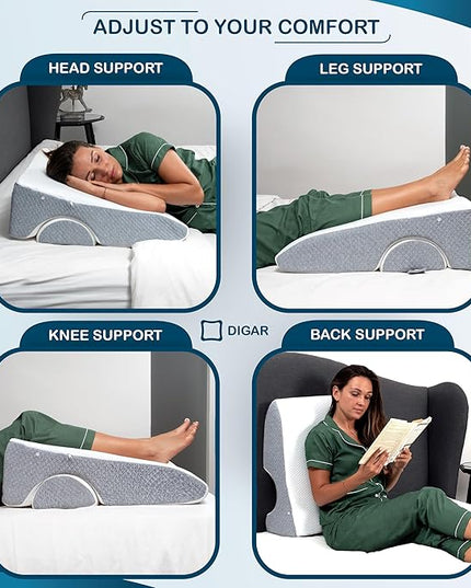 Bed Wedge Pillow 10 inch | Memory Foam Wedge Pillow for Sleeping | Triangle Pillow Wedge | Acid Reflux Pillow | Post-Surgery Support Cushion | Back, Head, Knee, Elbow Support | Pregnancy Pillow - LeafyLoom