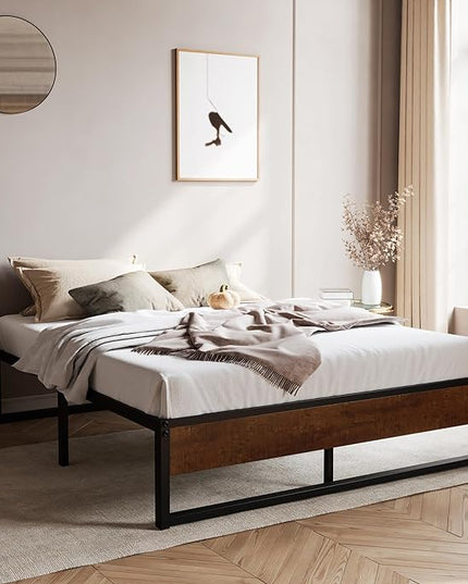 SHA CERLIN 14'' Full Size Metal Platform Bed Frame with Rustic Wood & Reverse Holes/Ample Under-Bed Storage Space/Mattress Foundation/No Box Spring Needed/Easy Assembly - LeafyLoom